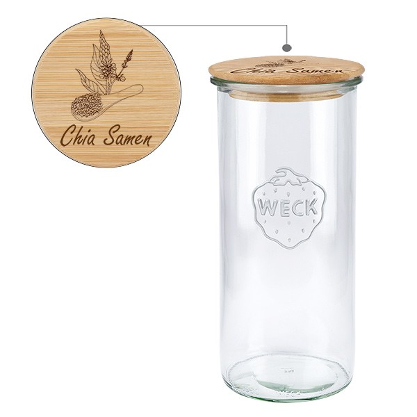 Holzdeckelset &quot;Chia Samen&quot; mit WECK Glas 1500ml