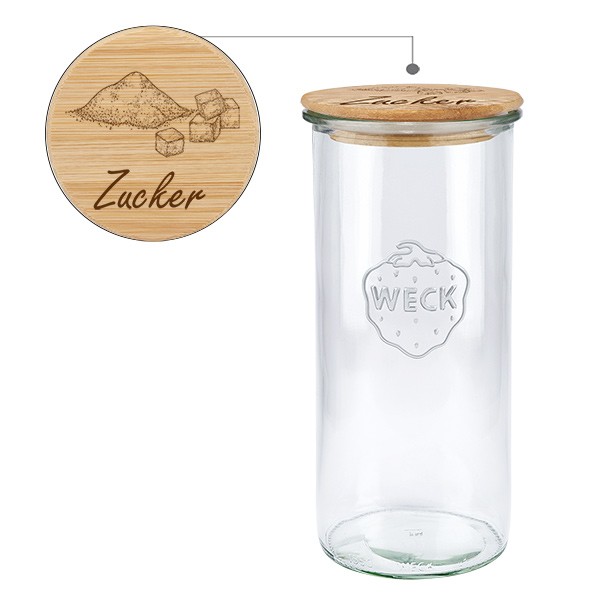 Holzdeckelset &quot;Zucker&quot; mit WECK Sturzglas 1500ml