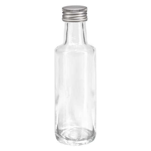 100ml Likörflasche rund Klarglas inkl. Alu Schraubverschluss Silber (PP 24mm)