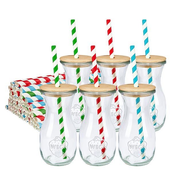 6 x WECK 290ml Saftflasche RR60 mit Holzdeckel und 100 Öko Strohhalmen aus Papier