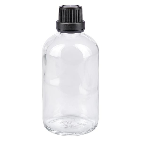 Apothekenflasche klar 100ml Tropfverschluss Pr 2mm schwarz OV